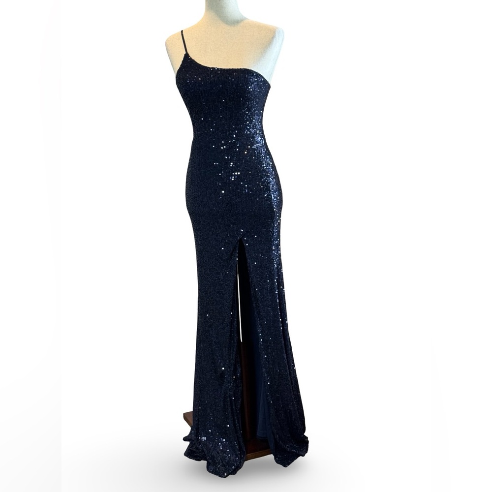 Hello Molly Blue Strap Sequin Black Tie Formal Evening Gown Front Slit XS